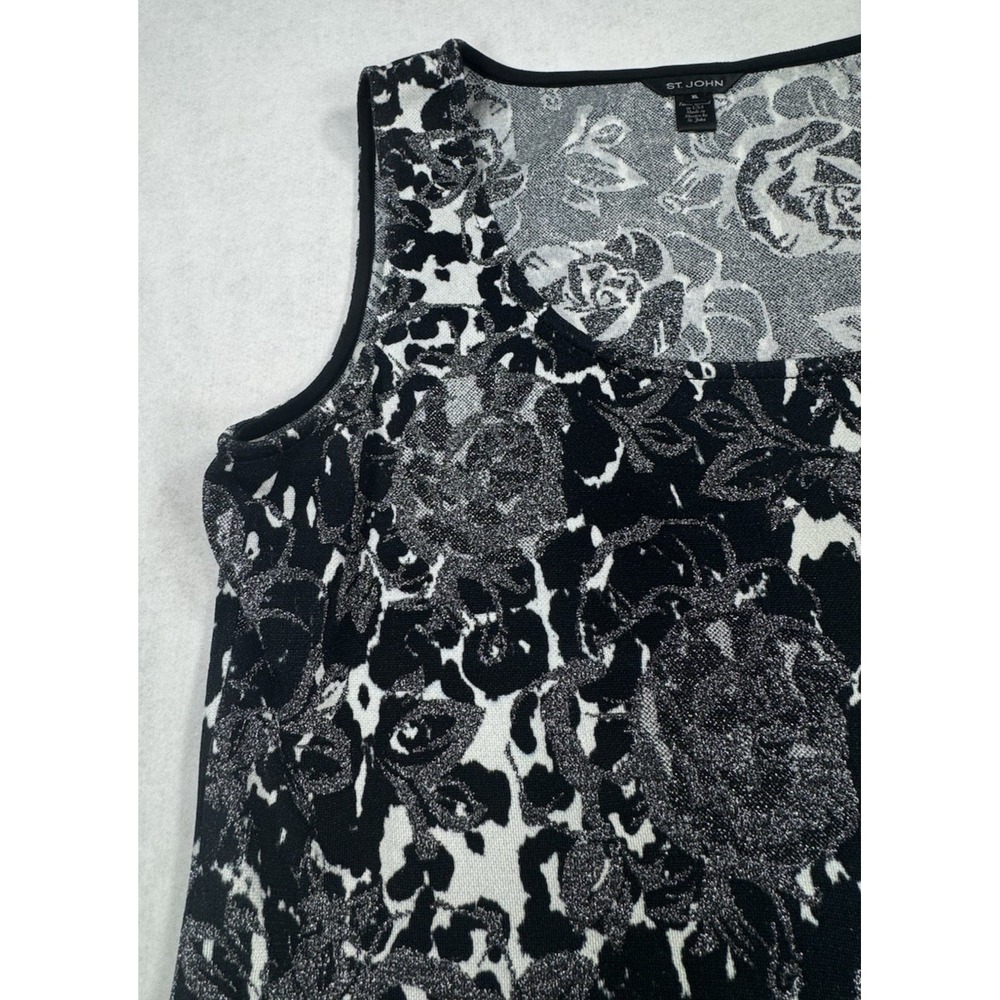 St John XL Black White Silver Floral Knit Shell Sleeveless Top Rayon USA Luxe - Picture 4 of 16